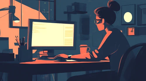 Nighttime Office Scene with Woman and Computer