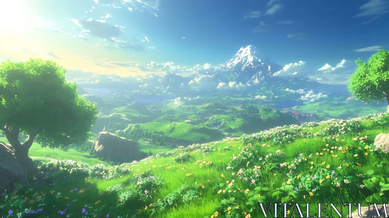 Scenic Green Fields and Mountain View AI Image