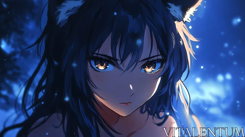 Mystical Anime Wolf Girl at Night AI Image