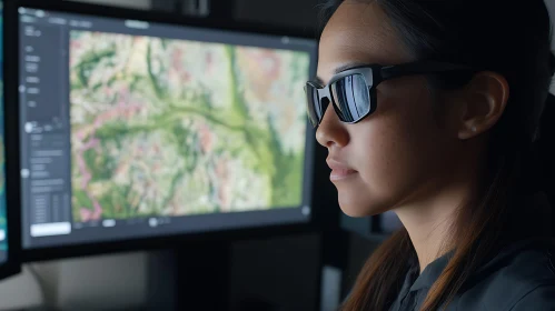Woman with Glasses Studying Computer Monitor