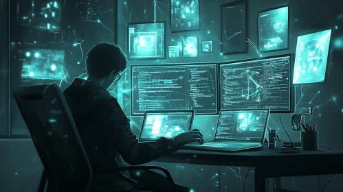 Coder Surrounded by Screens