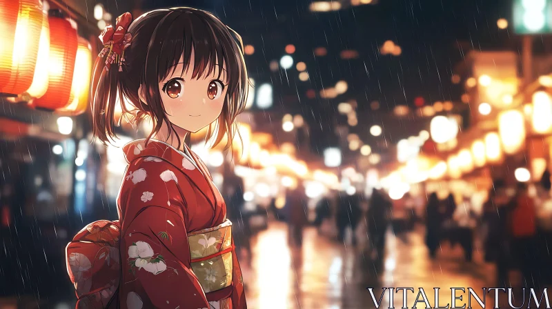 Traditional Kimono Girl at Night Festival AI Image