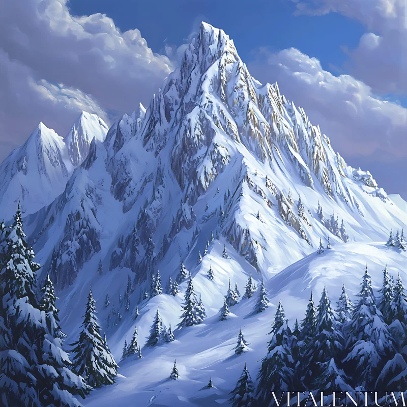 AI ART Winter Landscape with Snow-Capped Mountains