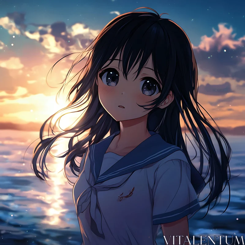 Melancholic Anime Girl at Sunset AI Image