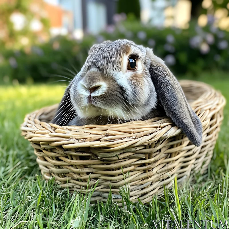 Rabbit Resting Peacefully in Wicker Basket AI Image