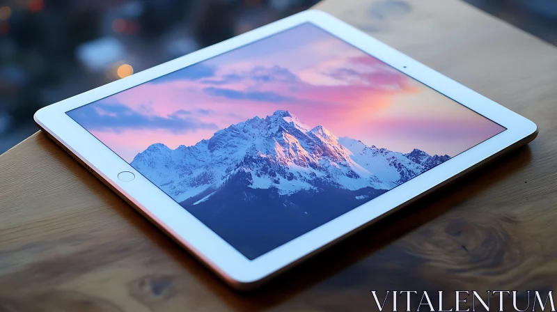 Mountain Sunset on Tablet Screen AI Image