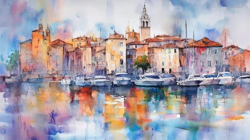 Watercolor Coastal City and Boat Reflections