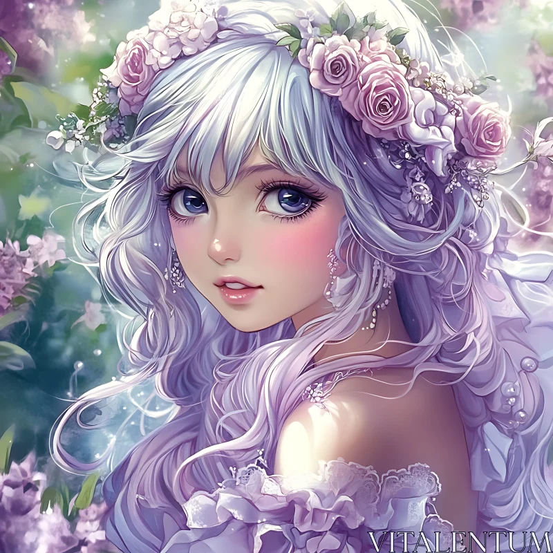 Fantasy Anime Girl with Floral Crown and Silvery Locks AI Image