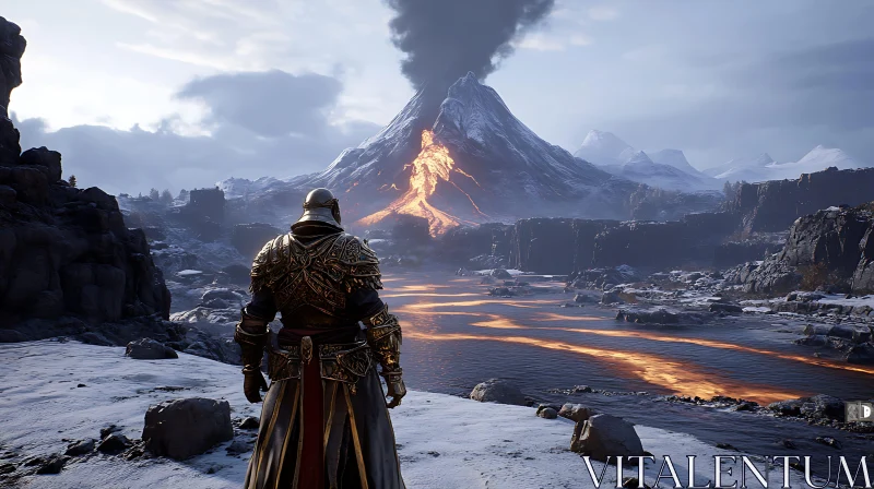 Epic Knight Overlooking Volcanic Eruption AI Image