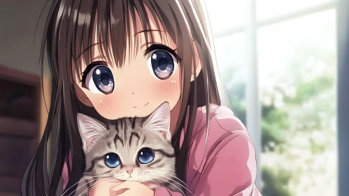 Adorable Anime Girl with Grey Tabby Kitten