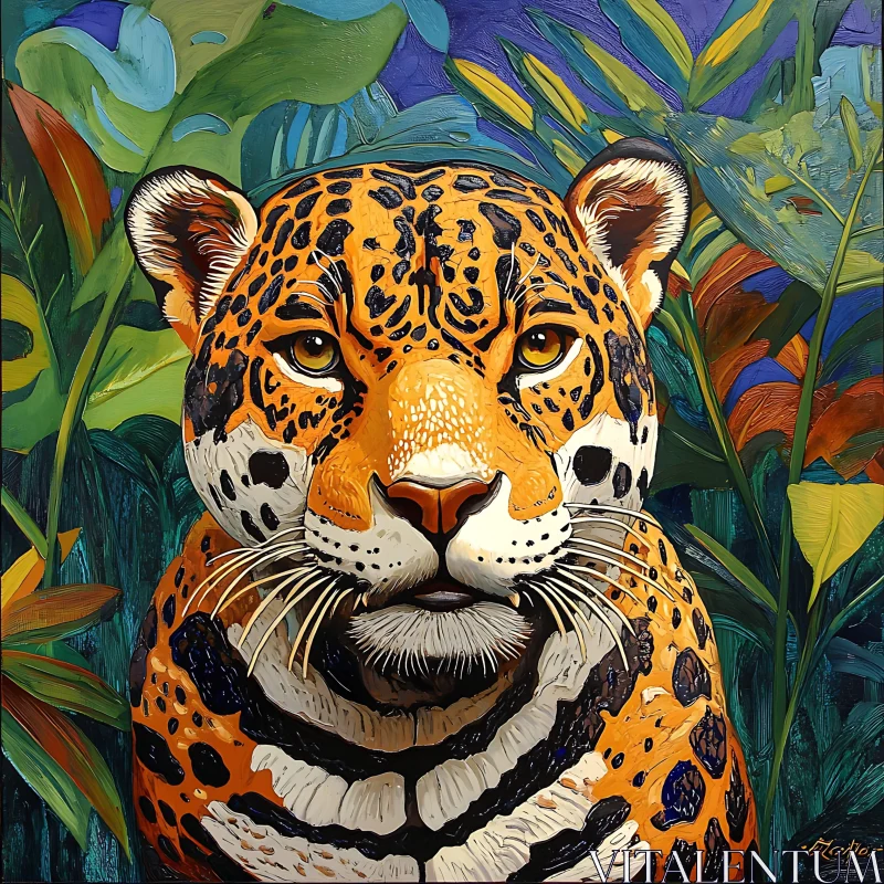 AI ART Wild Jaguar Among Tropical Leaves