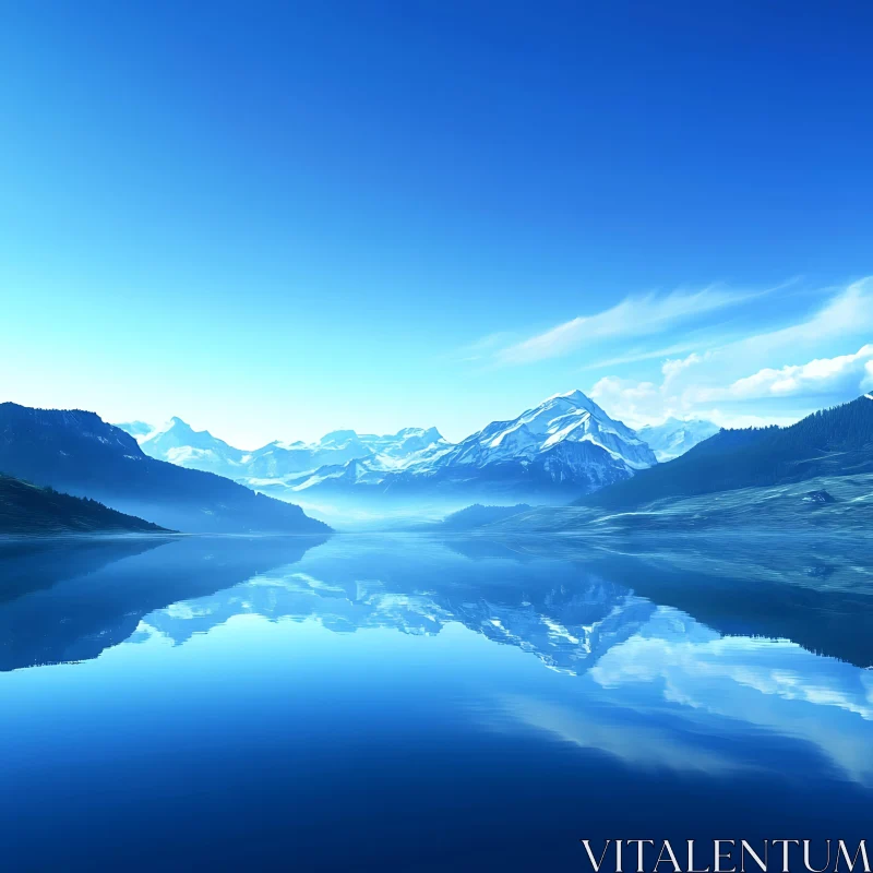 AI ART Snowy Peaks Reflected in Blue Waters