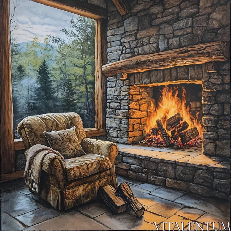 AI ART Cozy Cabin Interior with Fireplace