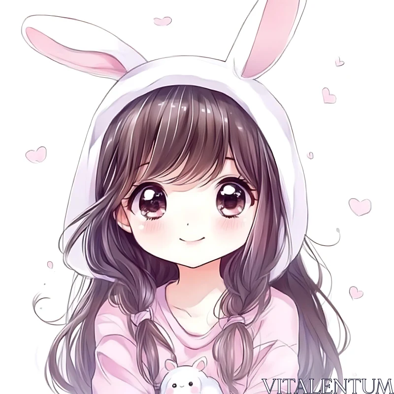 Kawaii Anime Girl in Bunny Hoodie AI Image