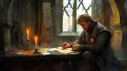 Man Writing by Candle in Medieval Room