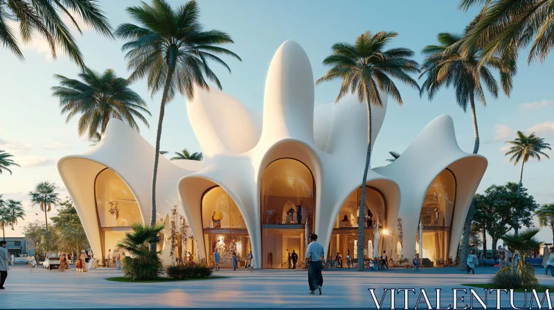 Innovative Architecture with Fluid Design Amidst Palm Trees AI Image