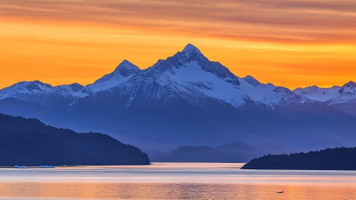 Snowy Mountains and Golden Sky Reflection