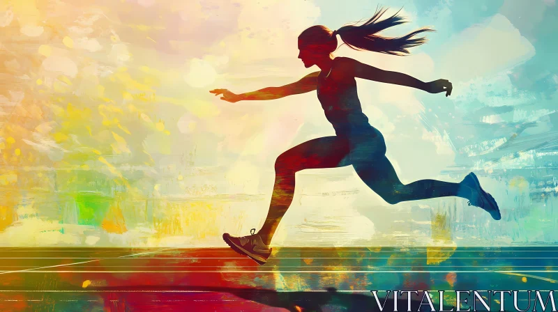 AI ART Silhouette of Female Athlete Mid-Stride Against Colorful Abstract Background