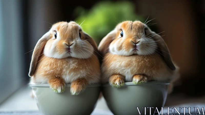 AI ART Fluffy Rabbits in Ceramic Bowls