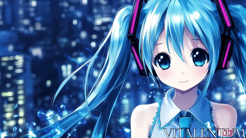 Anime Girl with Blue Eyes in a Cityscape AI Image