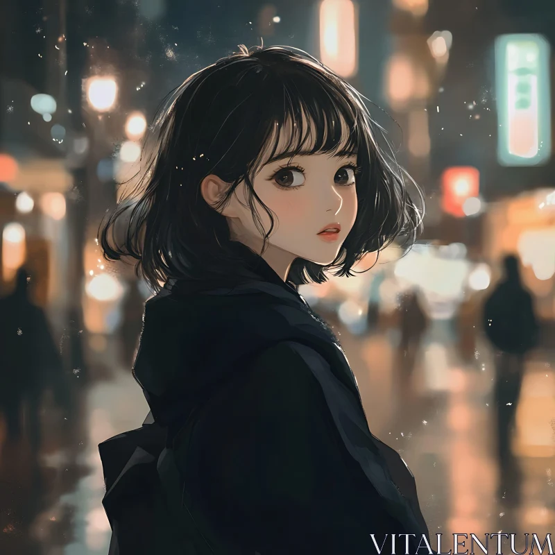 Anime Girl Amidst Night City Lights AI Image