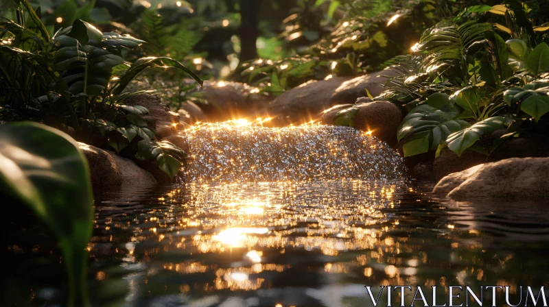 Sunlit Serenity: Peaceful Waterfall AI Image