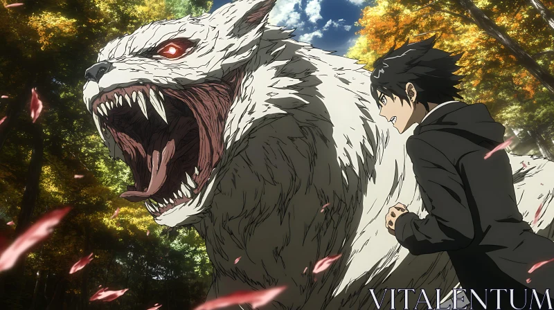 Hero vs Ferocious Wolf: Epic Anime Forest Battle AI Image