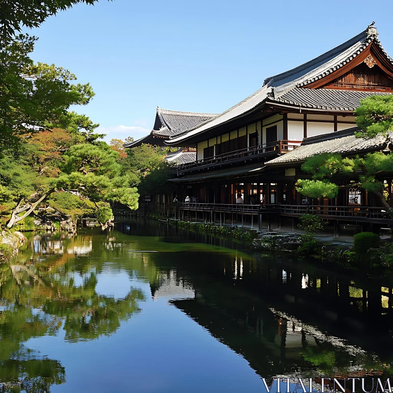 Calm Temple Reflection Landscape AI Image