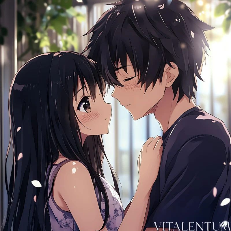 Romantic Anime Moment with Blushing Couple AI Image