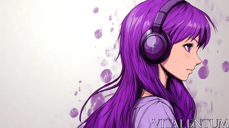 Purple-Haired Anime Girl Listening to Music AI Image