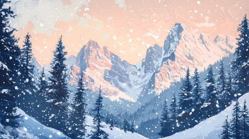 Snowy Peaks and Pines in Winter