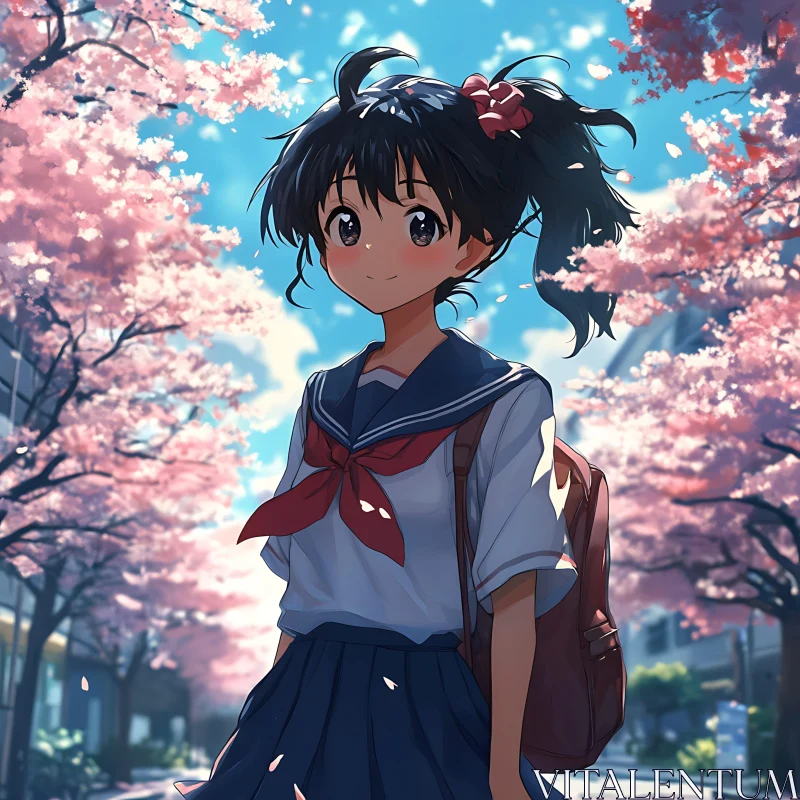 Anime Schoolgirl with Cherry Blossoms AI Image