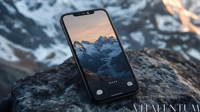 Mobile Phone with Mountain View Wallpaper AI Image