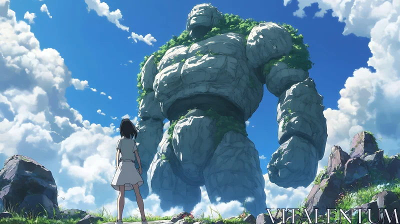 AI ART Encounter with a Stony Giant: A Girl's Stunning View