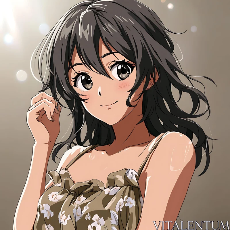 Anime Girl with Black Hair and Floral Dress AI Image