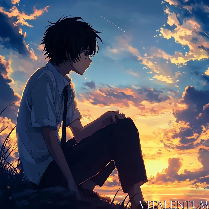 Reflective Anime Boy at Dusk AI Image