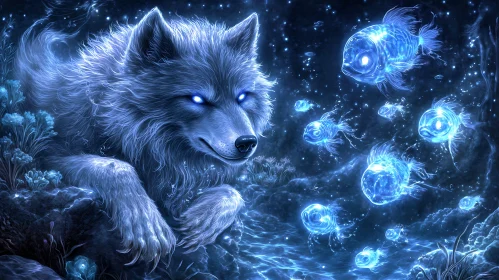 Luminous Wolf Guardian of the Glowing Fish