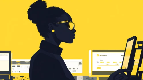 Woman at Computer with Yellow Background