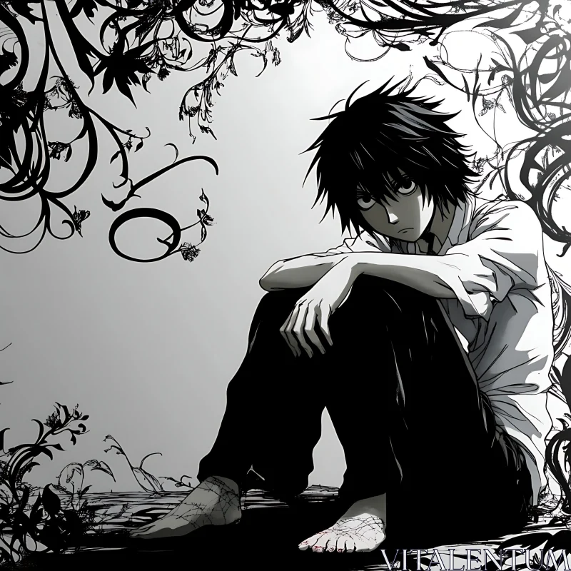 Pensive Anime Figure Amidst Black and White Swirls AI Image