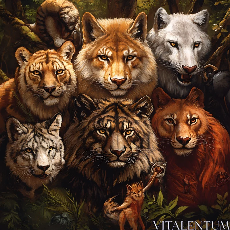 Wild Tigers and Lions Composition AI Image