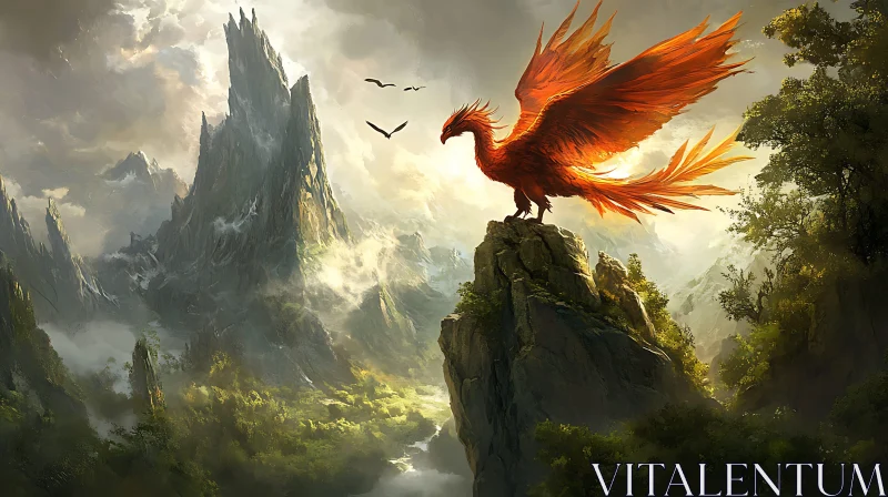 AI ART Fiery Bird Overlooking Verdant Valley