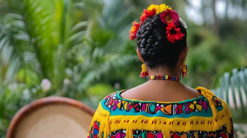 Back View of Woman with Floral Hair