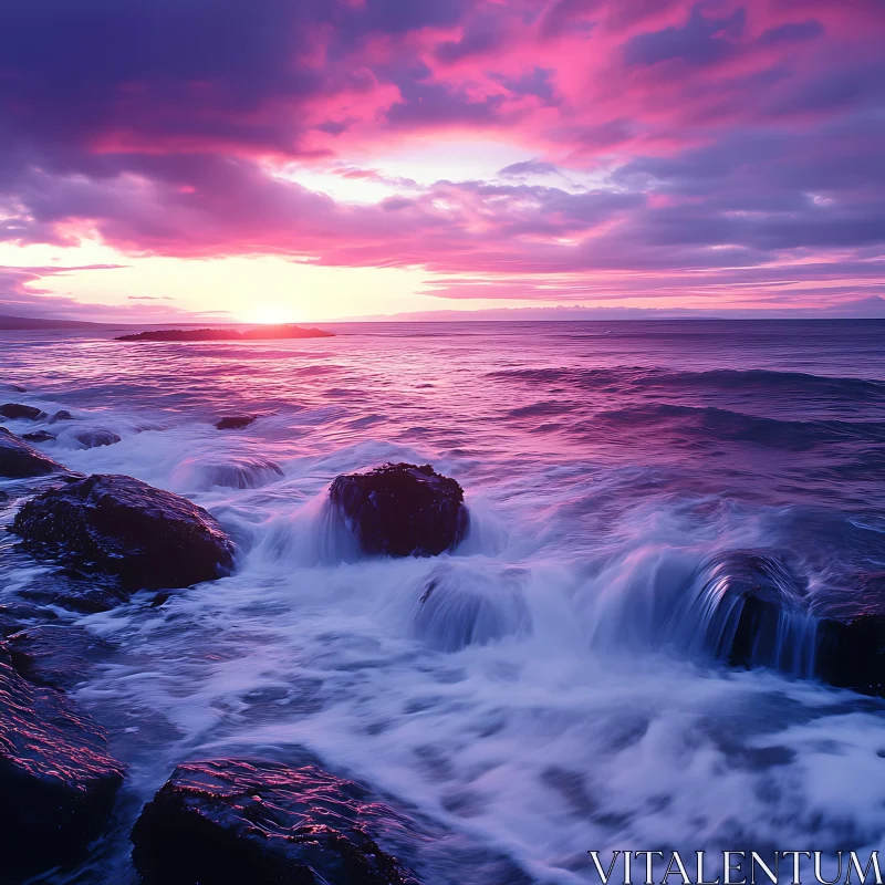 Twilight Seascape with Waves and Rocks AI Image