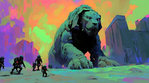 Futuristic Lion Robot with Explorers