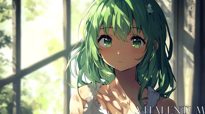 Reflective Anime Character in Soft Sunlight AI Image