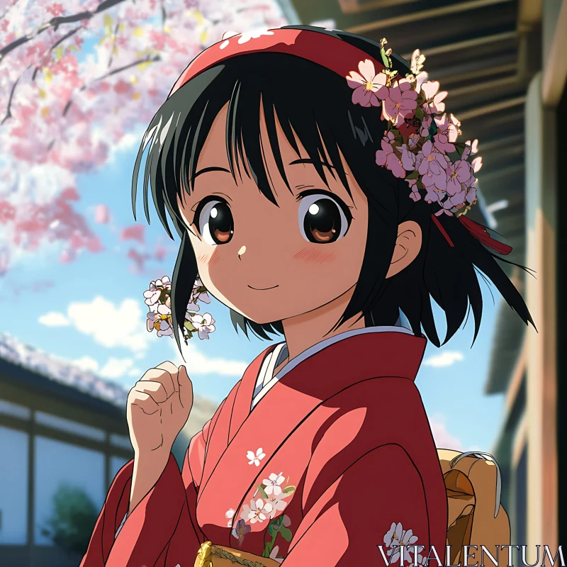 Springtime Anime Girl in Traditional Kimono AI Image