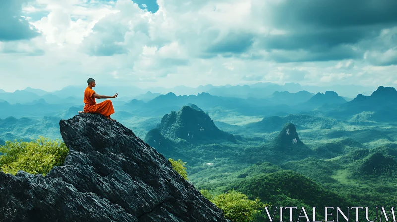 Peaceful Monk Meditating on Mountain Top AI Image