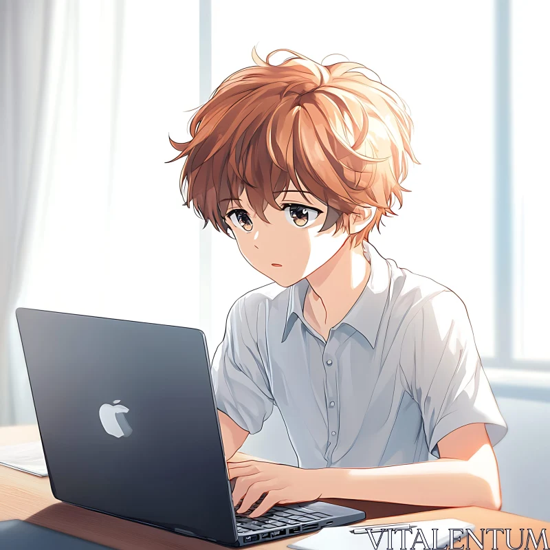 Contemplative Anime Boy at Desk AI Image