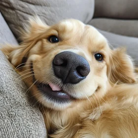 Happy Golden Retriever Relaxing on Couch