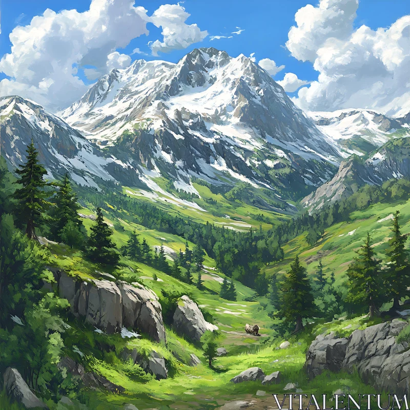 Snowy Peaks and Green Valleys AI Image